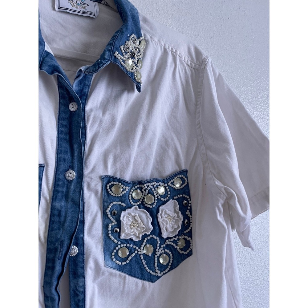 Vintage 80s 90s Floral Button Down Shirt Womens M White Embellished Denim Trim